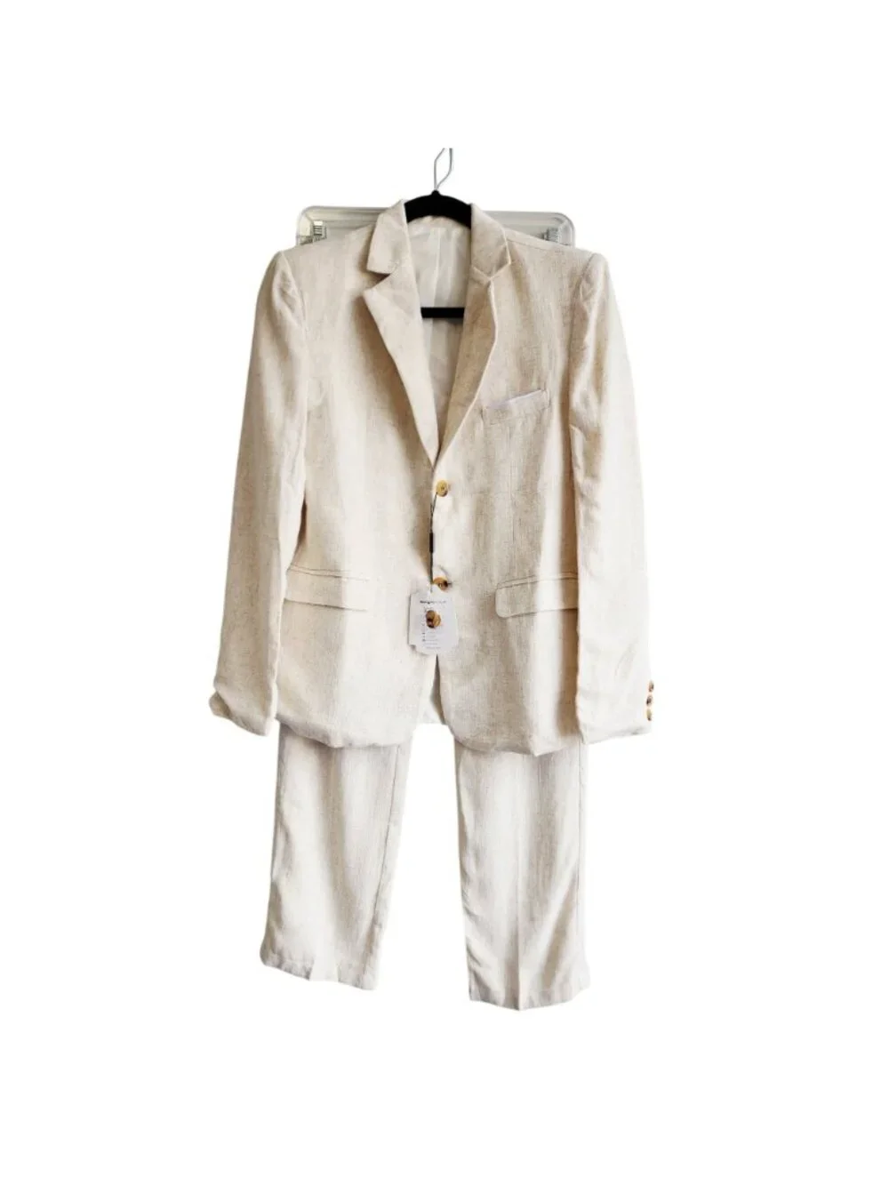 Three-Piece Boys Beige Linen Suit Blazer Vest & Pants Size 14
